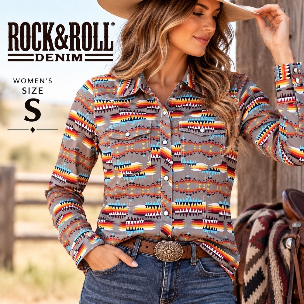 Rock & Roll Denim Western Shirt Womens S Brown Aztec Print Pearl Snap Cowgirl